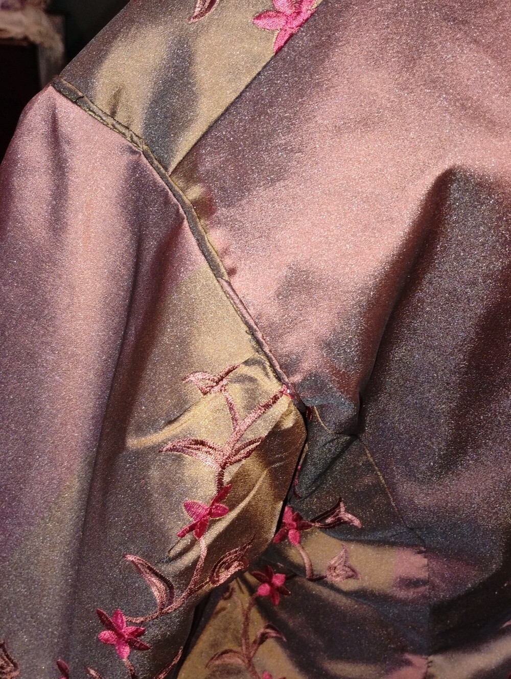 Brown Two Tone Taffeta Victorian Walking Dress Red Floral Embroidery Reenactor - Picture 5 of 15